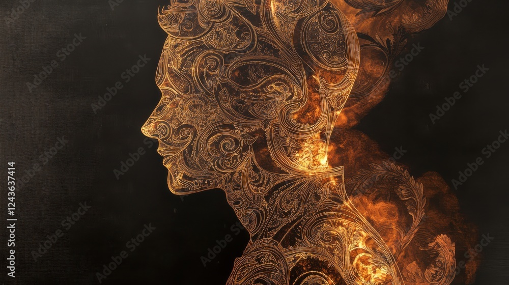 Fototapete mystical profile filled with intricate patterns and fiery elements showcasing a man's essence and em