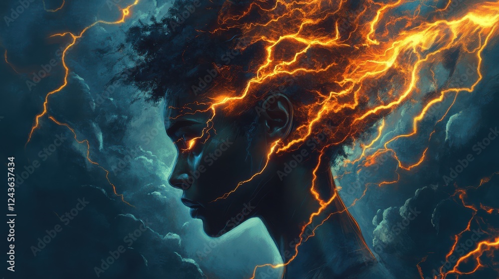 Poster mystical representation of a man's profile filled with lightning and cosmic energy on a stormy backd