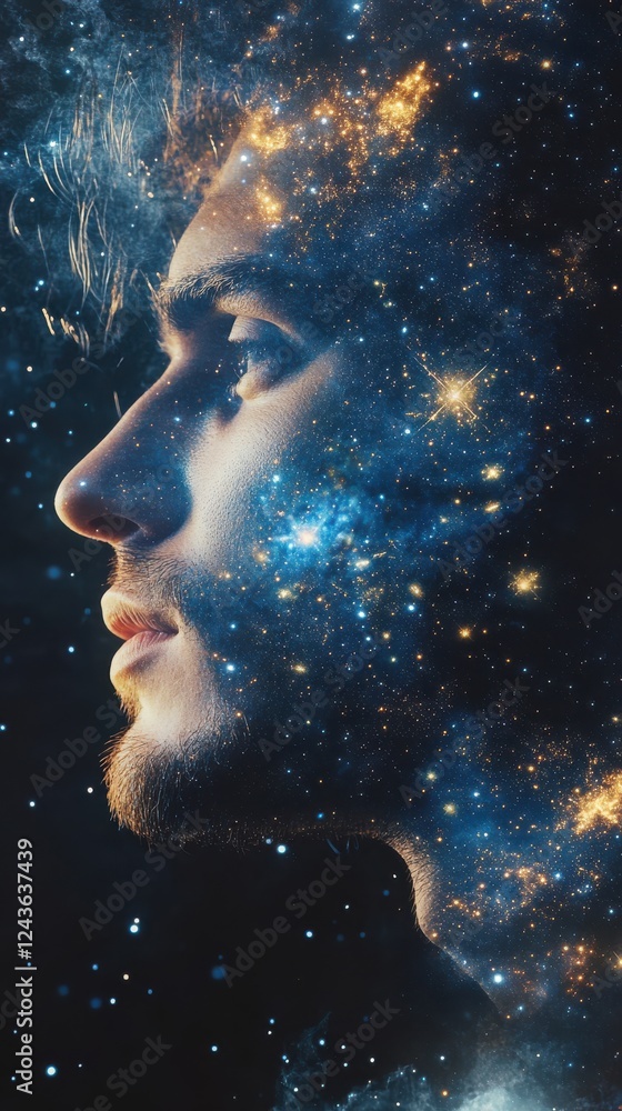 Aufkleber mystical portrayal of a man's face illuminated with celestial elements and cosmic background at nigh