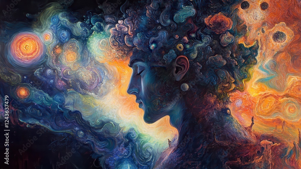 Poster mystical profile of a man filled with swirling cosmic elements in vibrant colors