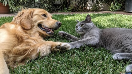 Golden retriever and gray cat relaxing together on green grass in a sunny garden setting, showcasing friendship between pets in a serene outdoor environment
