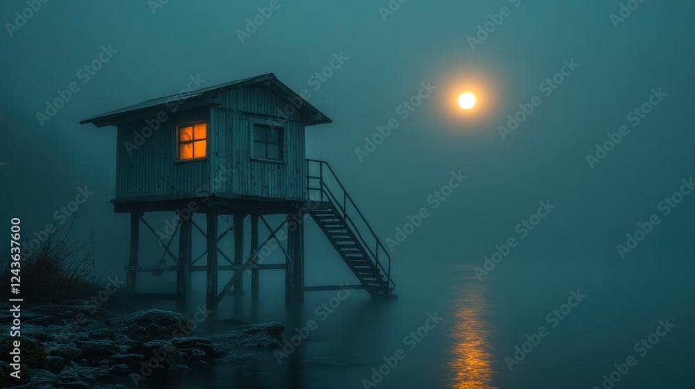 Poster Misty Night Lakeside Cabin with Lit Window