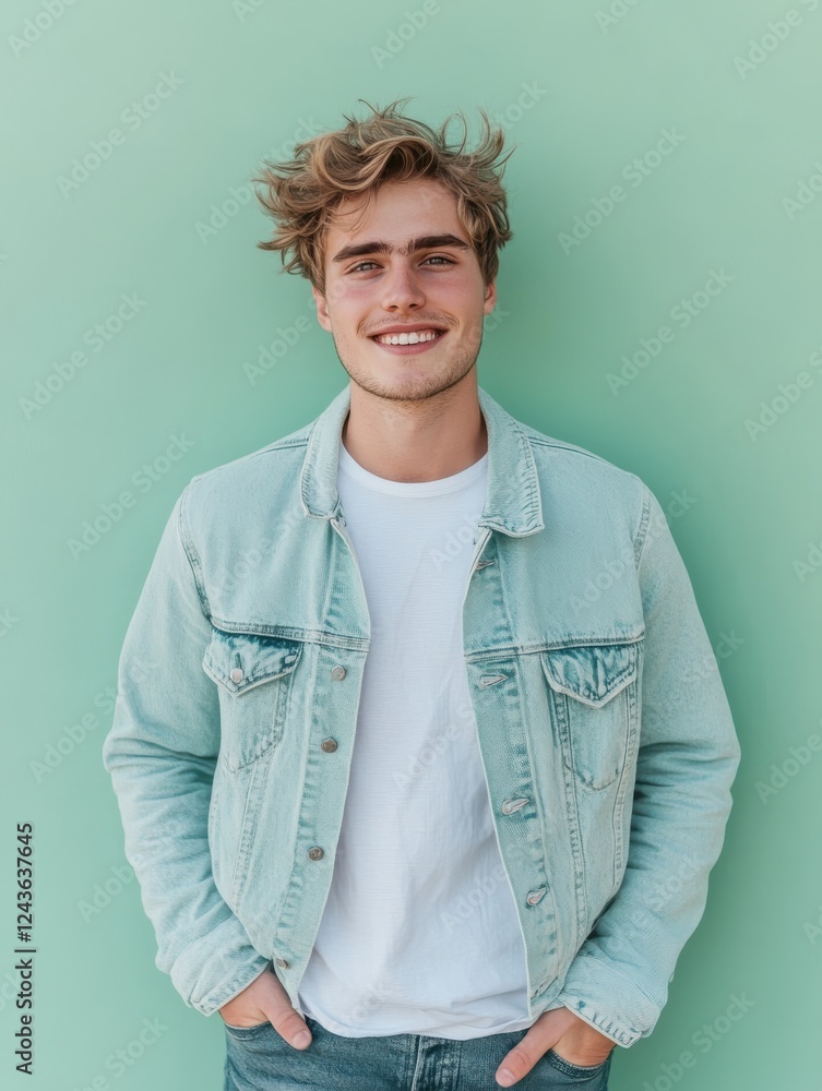 Aufkleber minimalist portrait of a young man in a light jacket with a serene expression against a soft green b