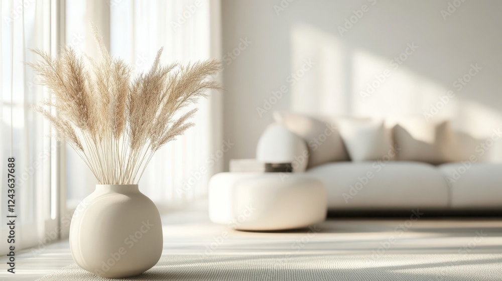 Poster minimalist bokeh style decor featuring pampas grass in a serene indoor setting with soft lighting du