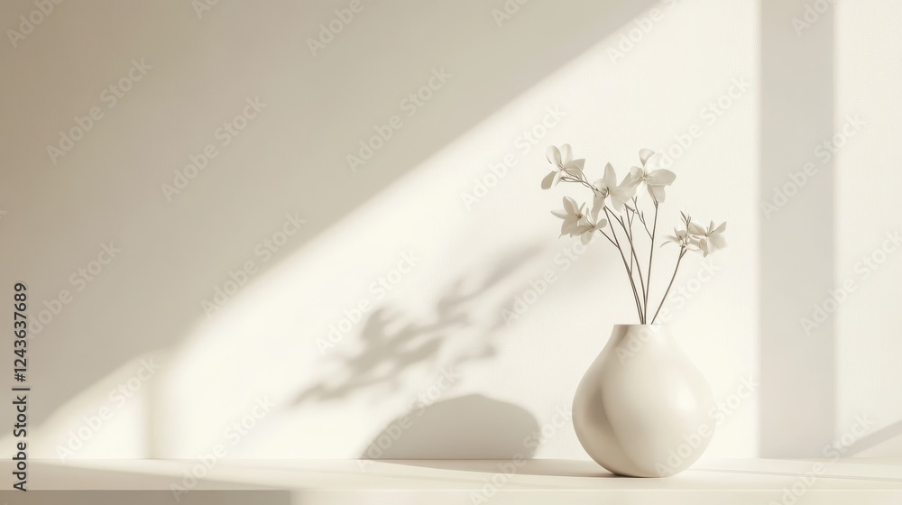 Poster minimalist bokeh with a white vase and delicate flowers against a bright background