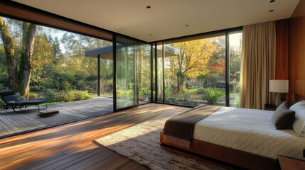 Fototapeta premium Modern bedroom with large windows and wooden floor, surrounded by nature