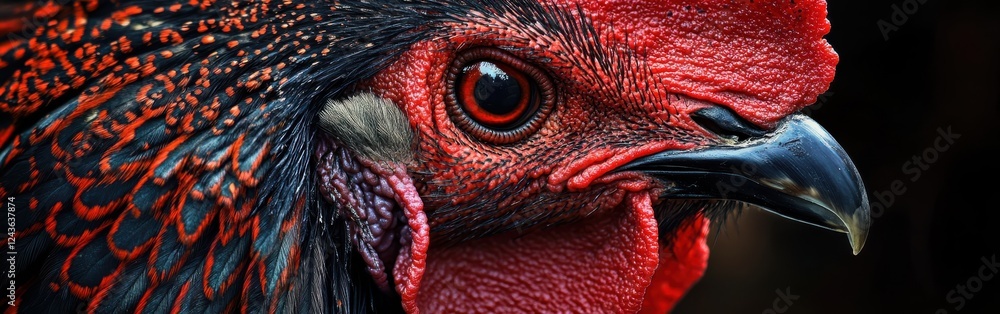 Poster close-up capture of a rooster's vibrant face featuring intricate details and striking colors in natu