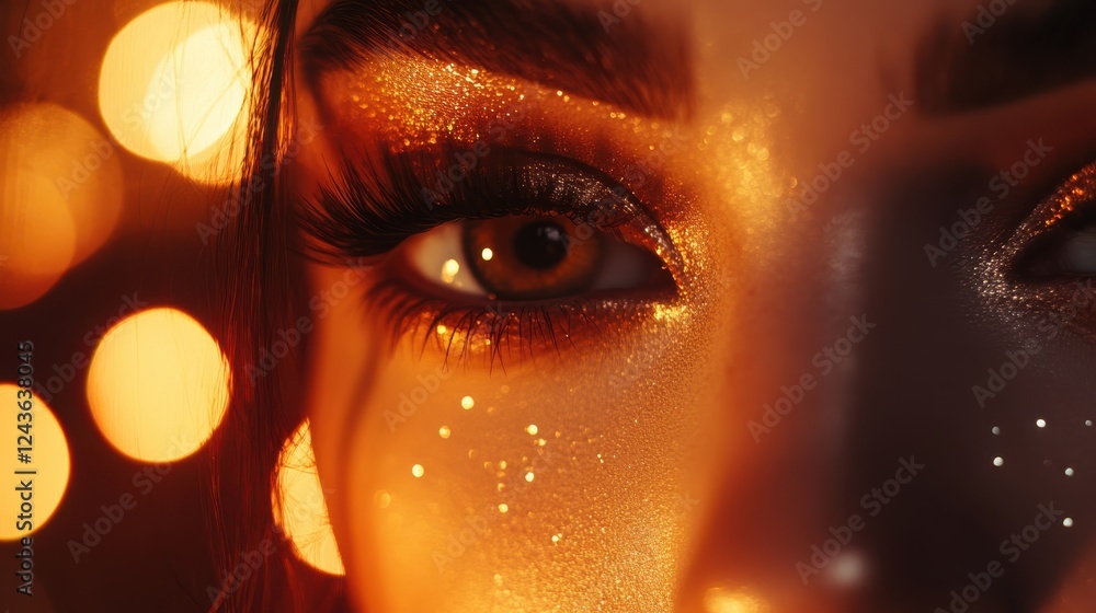 Leinwandbilder eye close-up showcasing a luxurious gradient from deep gold to rich hues with sparkling elements and