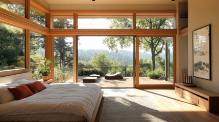 Fototapeta premium Modern bedroom with large windows and wooden floor, offering serene view