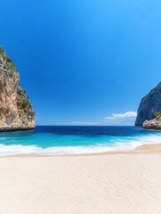 Fototapeta premium Secluded Cove Beach Paradise - Serene beach nestled between dramatic cliffs, turquoise water, and pristine white sand. Perfect for travel, vacation, or relaxation themes.