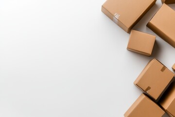 Cardboard boxes are strategically arranged in a top-down layout, casting soft shadows against a clean white background, allowing for ample empty space