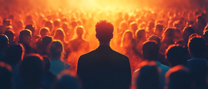 Illuminated individual in a crowd, spotlight representing selfpromotion and personal branding, vibrant, dynamic background, modern business setting, ultradetailed, 8K