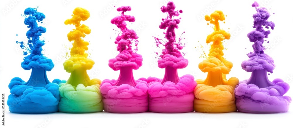 Aufkleber vibrant colored ink clouds explode in a row against a white background, creating a colorful and dyna