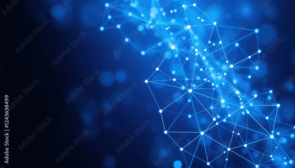 Poster blue abstract background featuring a complex network of interconnected points suitable for technolog