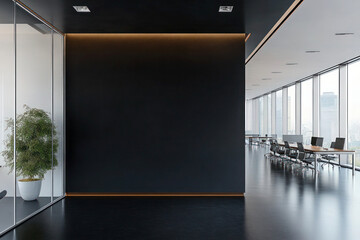 Modern office interior with a minimalist pure black wall for company logo placement.