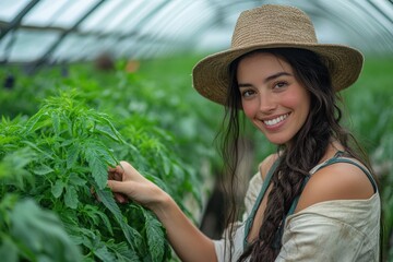Female farmer examines tomato plants in greenhouse on a sunny day
