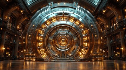 Metallic vault in ornate interior, glowing lights