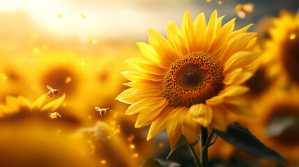 Obraz premium Vibrant sunflower in a golden field, illuminated by warm sunlight and surrounded by soft bokeh, evoking summer joy.