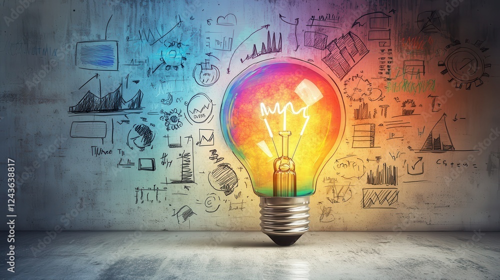 Leinwandbilder vibrant multicolored light bulb illuminating a creative workspace with sketches and graphs
