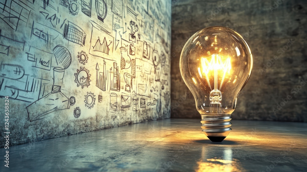 Aufkleber glowing oversized light bulb illuminating a creative workspace with sketches and designs