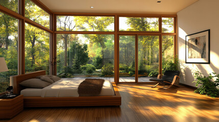 Modern bedroom with large windows and wooden floor, surrounded by nature