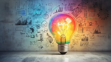 Vibrant multicolored light bulb illuminating a creative workspace with sketches and graphs