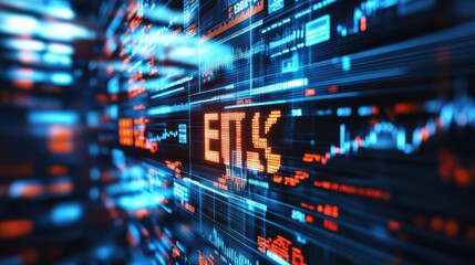 Glowing double exposure of ETF symbols indicating market trends and financial analytics