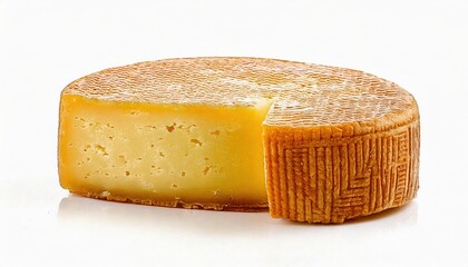 Delicious cheese wheel showcasing a perfectly cut slice isolated on clean white background