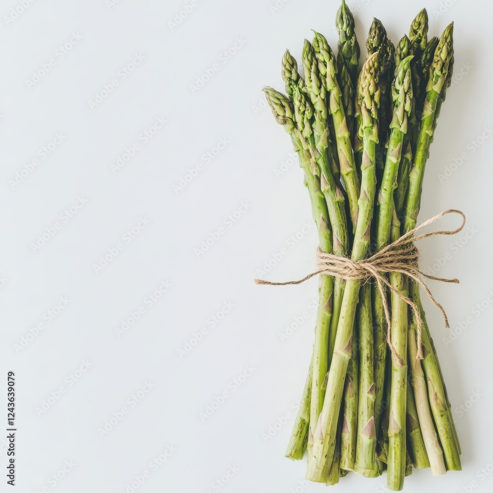 Poster fresh bunch of green asparagus spears tied together on a light background for culinary use and prese