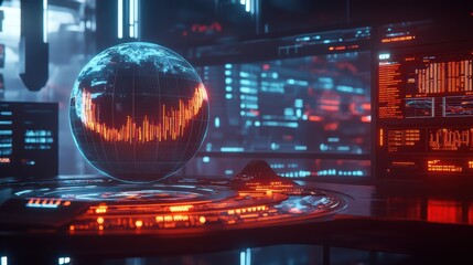 Futuristic design of digital currency representation with glowing elements in a high-tech environment