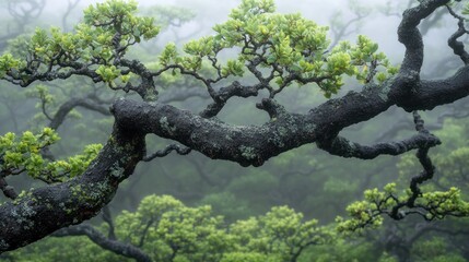 Misty mountain forest branches reaching