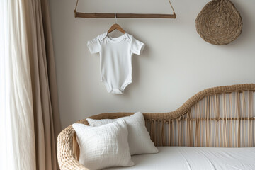 A white baby onesie hanging on a wooden hanger in a cozy nursery setting.
