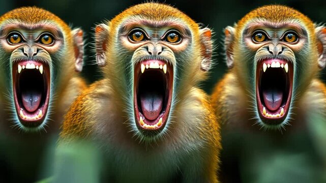 Group of monkeys screaming, revealing sharp teeth and displaying aggressive posture, signaling territorial dominance and complex social interactions within primate community