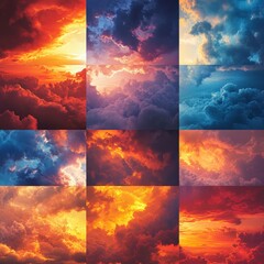 A vibrant collage of twelve diverse sunset and sunrise sky scenes, showcasing a spectrum of warm and cool colors, dramatic cloud formations, and