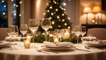 "Festive Elegance: Candlelit Table Setting with Twinkling Lights and Warm Holiday Ambiance"