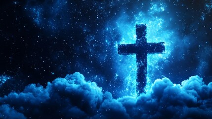 Fototapeta premium Serene Cross Above Fluffy Clouds and Stars - Faith, hope, peace, serenity, spirituality. A glowing cross rises above tranquil clouds under a starry night sky.