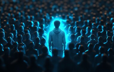 Obraz premium One individual highlighted in a sea of people, glowing spotlight symbolizing selfpromotion and personal branding, professional energy, futuristic urban backdrop, 4K