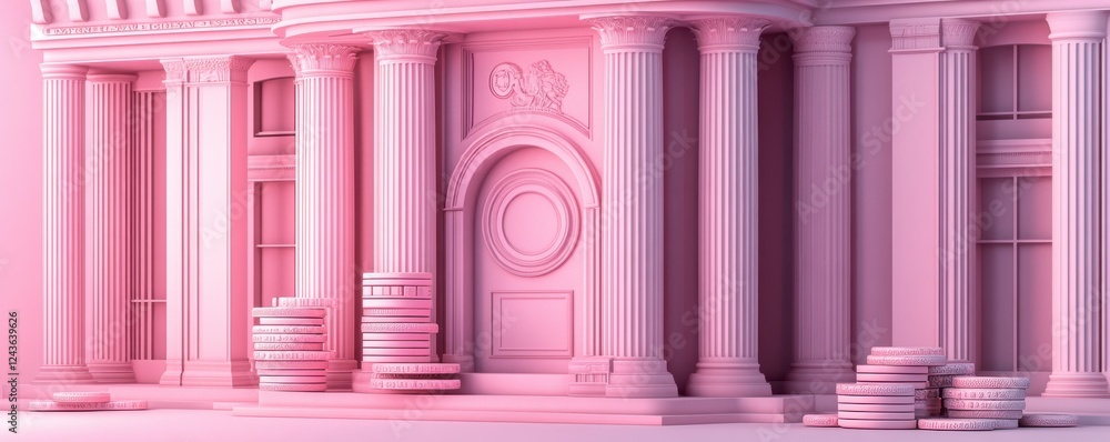 Aufkleber a stylized architectural structure with classical columns, featuring a pink hue and intricate detail