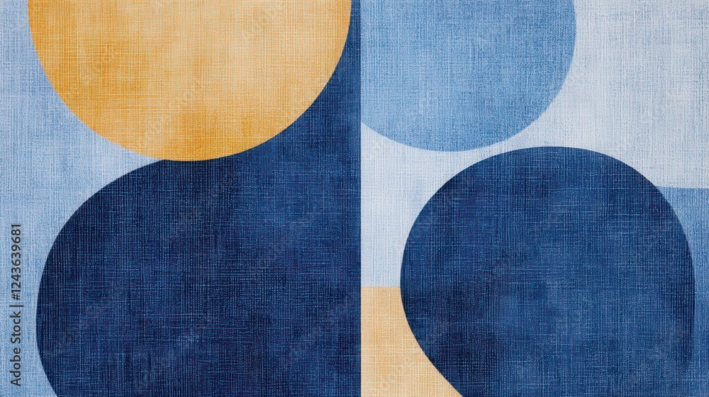 Poster abstract shapes in soft hues create a modern pattern against a light denim blue background