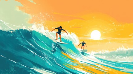 Surfers challenging the vibrant waves at sunset on a warm coastal evening