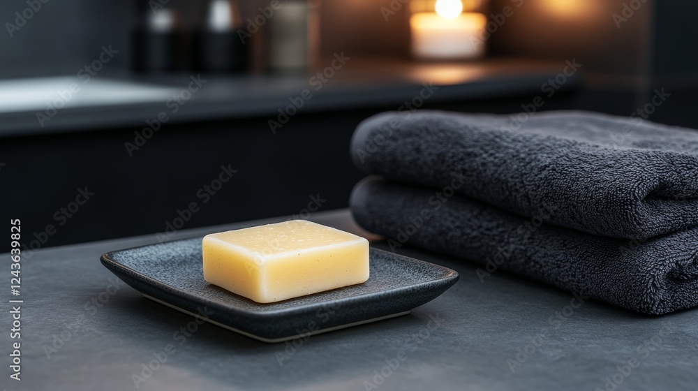 Aufkleber a top-down view of a minimalist bathroom showcases a clean ceramic dish with a bar of soap, accompan