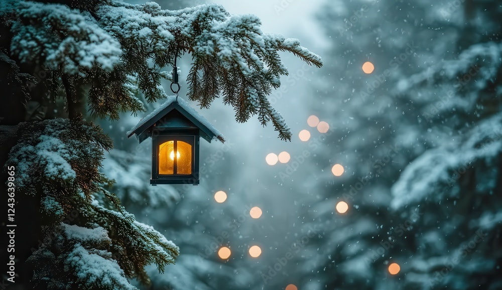 Poster a warm light fixture hangs from a snow covered pine branch, soft bokeh lights and falling snow in th