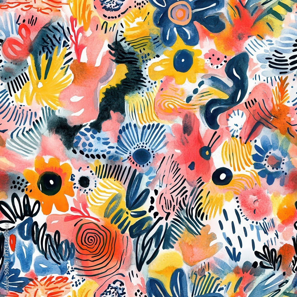 Aufkleber captivating doodle-style watercolor artwork bursting with vibrant floral patterns and dynamic shapes
