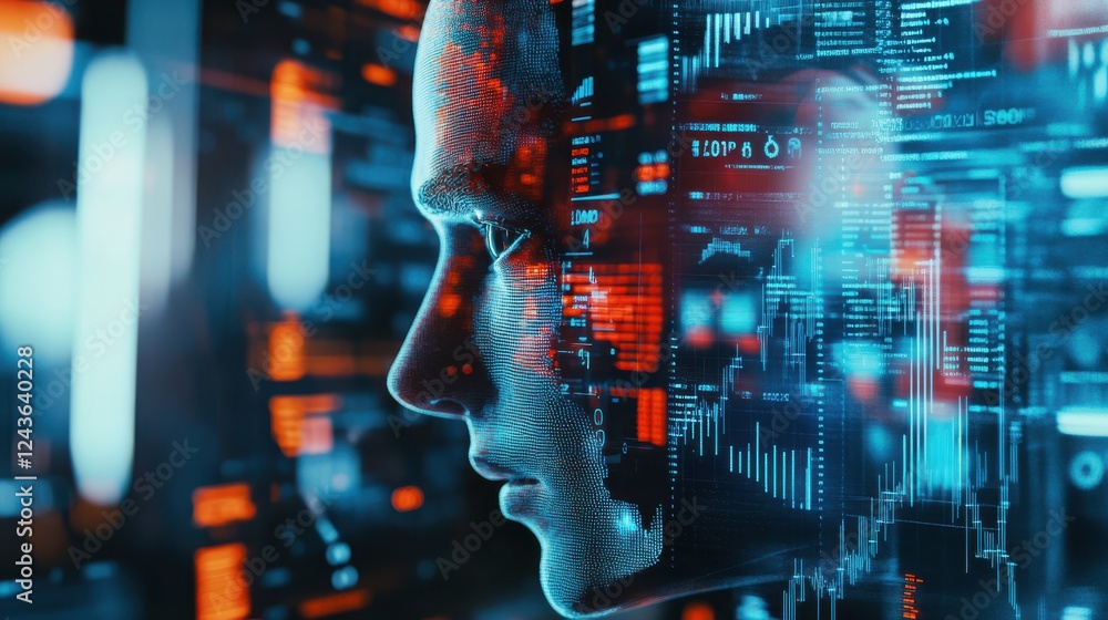 Poster dynamic humanoid robot interacting with digital data in a futuristic environment at dusk