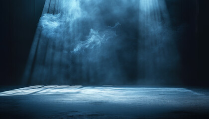 artistic product display background podium stage, dark stage with smoky dark blue background, empty dark room, window shadows, ad, podium platform, product presentation space