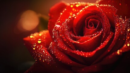 A close-up of a vibrant red rose covered in delicate water droplets, illuminated by soft golden light, creating a romantic and mesmerizing atmosphere