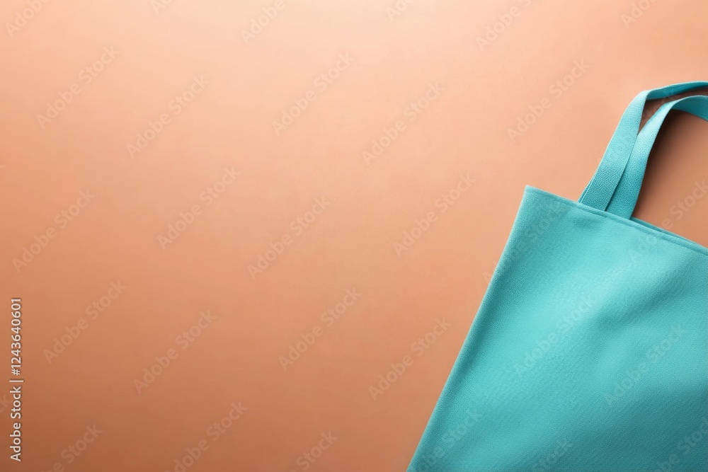 Poster A pristine blue tote bag is centered on a soft beige textured background, featuring subtle shadows that highlight its eco-friendly minimalist design and copy space