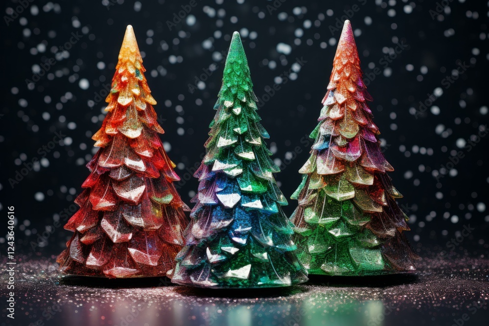 Poster three colorful translucent christmas trees with glitter are standing on a reflective surface with fa