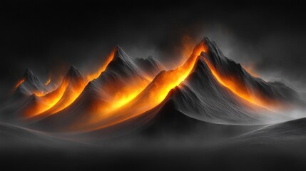 Fototapeta premium Fiery volcanic peaks, misty landscape, digital art, desktop wallpaper