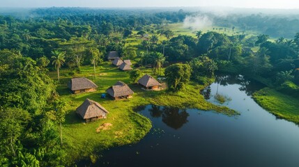 Obraz premium Cultural eco-tour explores lush landscapes and traditional villages in South America during a peaceful morning